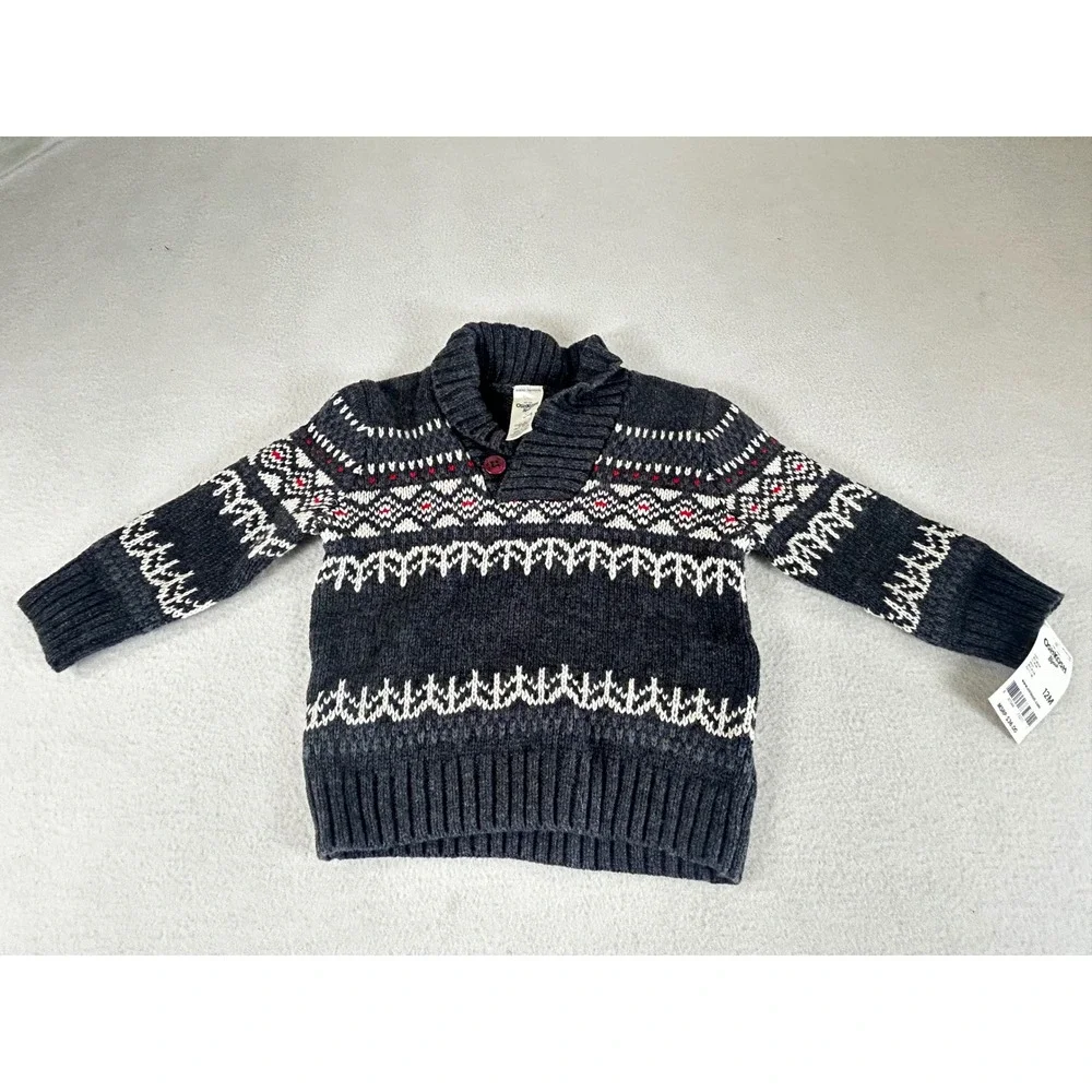 OshKosh Bgosh Boys 12M Fair Isle Shawl Collar Sweater Grey‎ Cotton 433C327 NWT